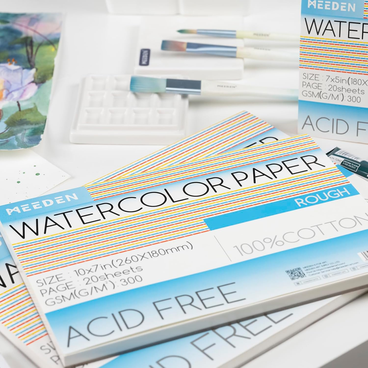 MEEDEN Watercolour Paper Block, 100% Cotton Watercolour Paper Pad of 20 Sheets, 140Lb/300Gsm, Acid-Free Art Paper for Watercolour, Gouache, Ink and More, 10" X 7" Rough Grain