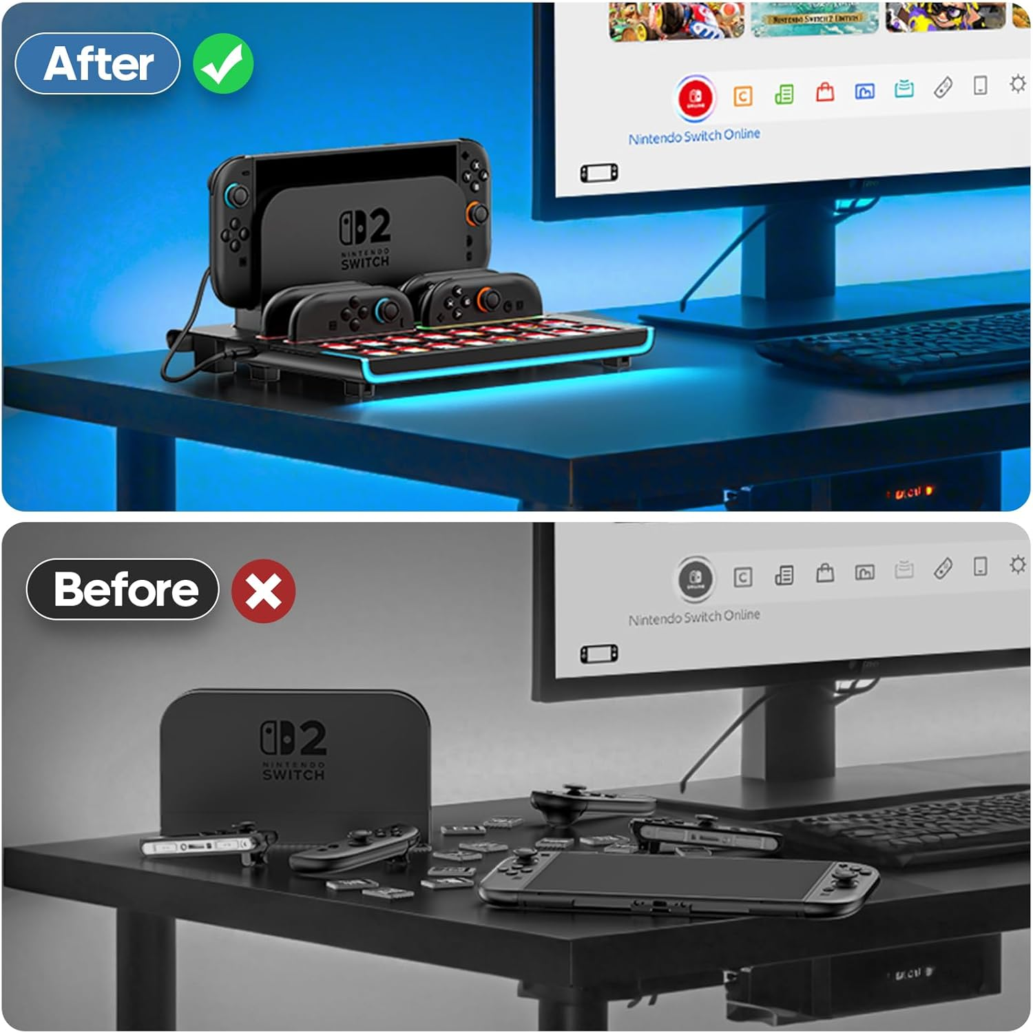 Switch 2 Organiser Station for 2025 NS2 Controllers & Console, Magnetic Switch 2 Controller Charger Dock with 9 RGB Modes, Switch 2 Joycon Charging Dock with 16 Game Card Slots, NS2 Storage Organizer image number 6