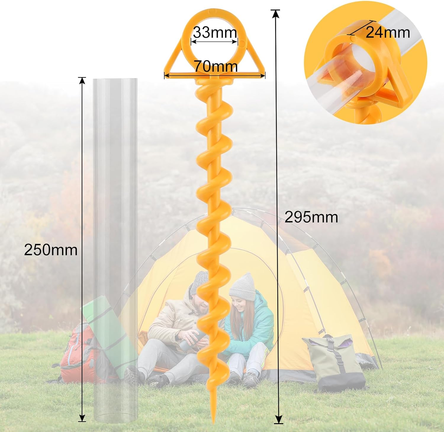 4 X Tent Pegs with Thread Screw Pegs Camping Sand Pegs Beach Plastic 29 Cm Beach Sand Anchor Tent Ground Anchor Trampoline with 4 Transparent Plastic Tubes, Yellow image number 5