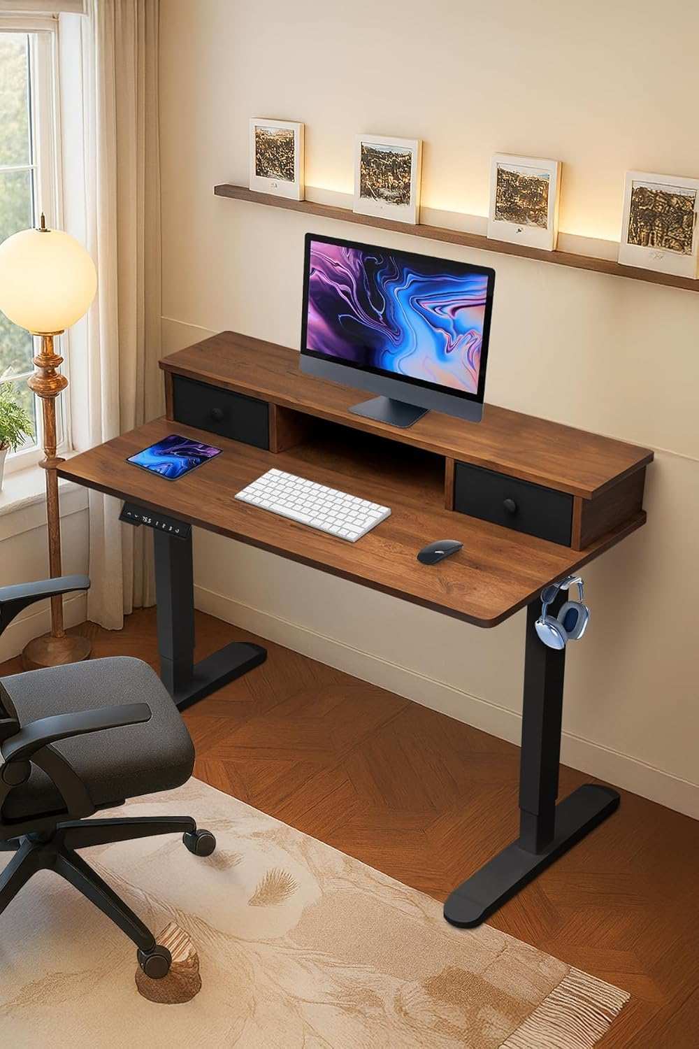 Ixtra Electric Standing Desk 100X60Cm with 2 Drawers Height Adjustable Whole Piece Desktop Storage Shelf Hook Cup Holder Cable Management Walnut image number 5