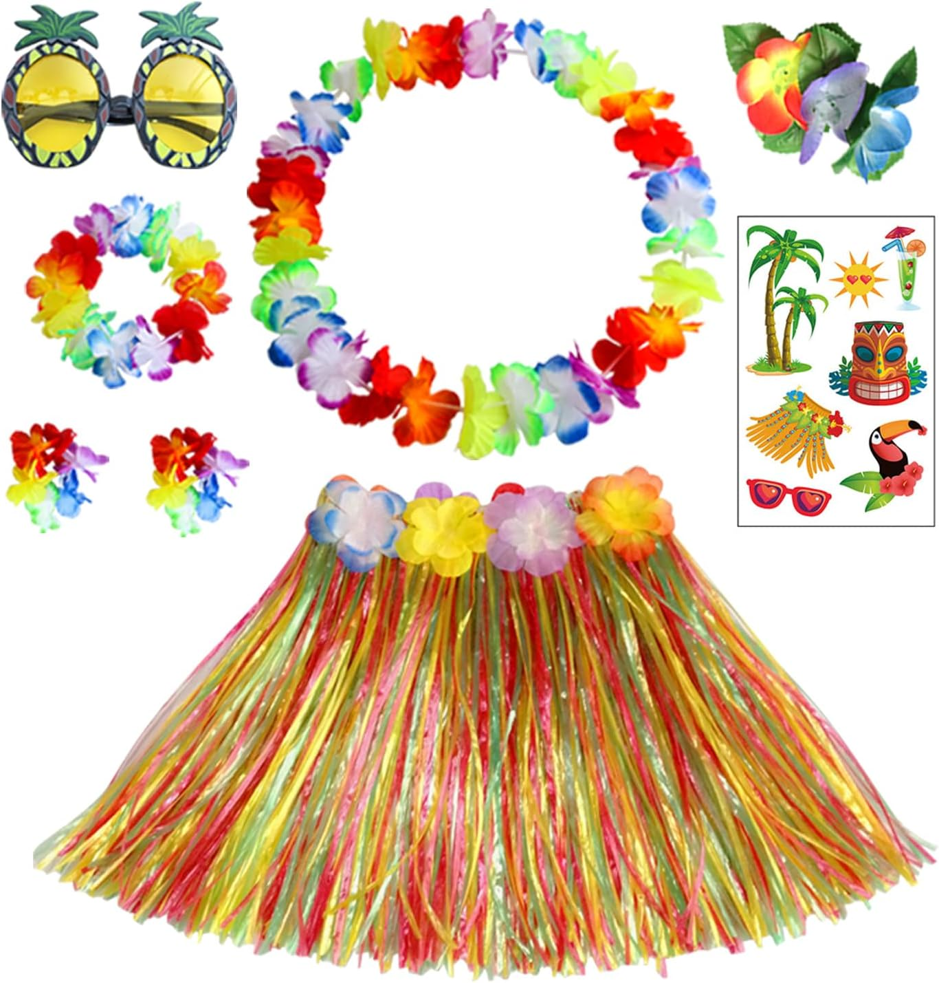 8Pcs Hawaiian Hula Skirt Costume Set,40Cm Hawaiian Grass Skirt,Hawaii Leis,Pineapple Glasses for Kids Fancy Dress Supplies Summer Beach Tropical Party Decorations