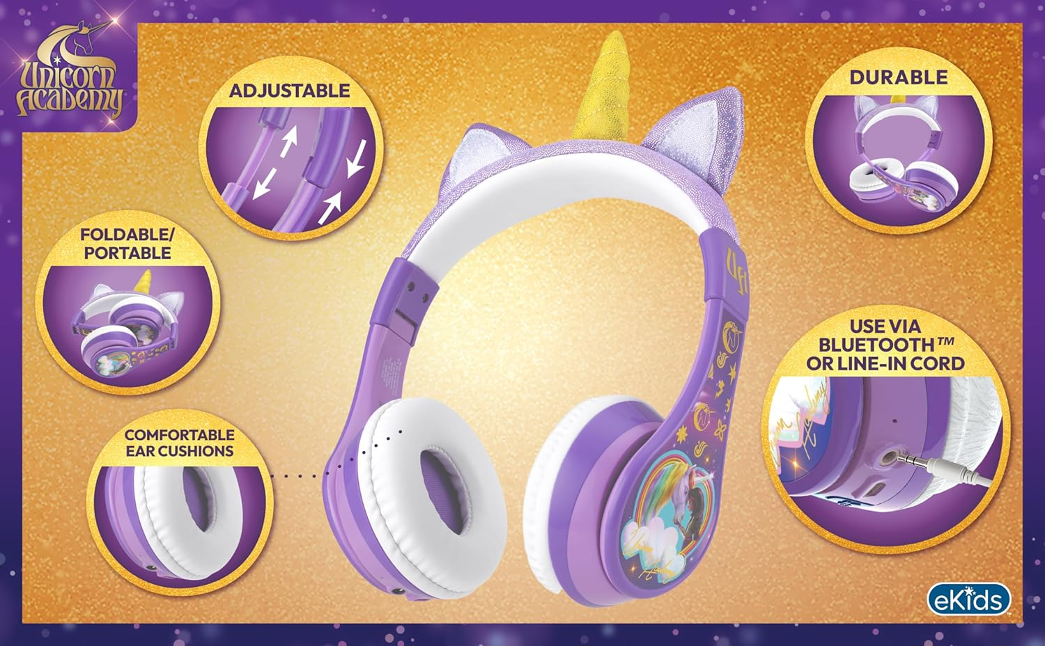 Ekids Unicorn Academy Bluetooth Headphones, Wireless Headphones with Microphone Includes Aux Cord, Volume Reduced Kids Foldable Headphones for School, Home, or Travel image number 2