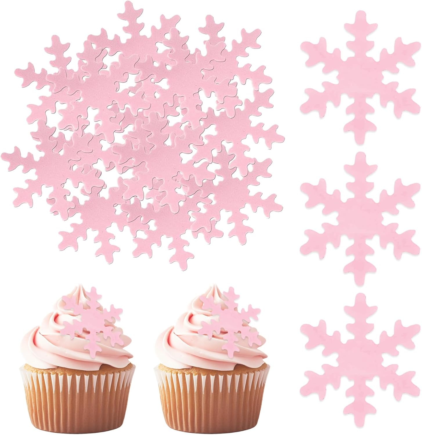50Pcs Snowflake Cake Cupcake Topper, Edible Winter Frozen Snowflake Cake Decorations Edible Wafer Paper for Birthday Party Decor Supplies (Pink) - White+Blue image number 1