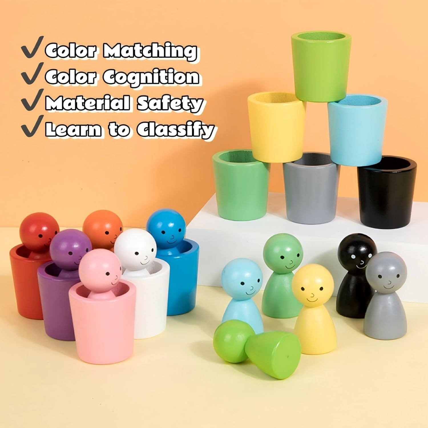 Montessori Sensory Wooden Color Sorting Stacking Cups Toys for Kids Toddlers 1 2 3
