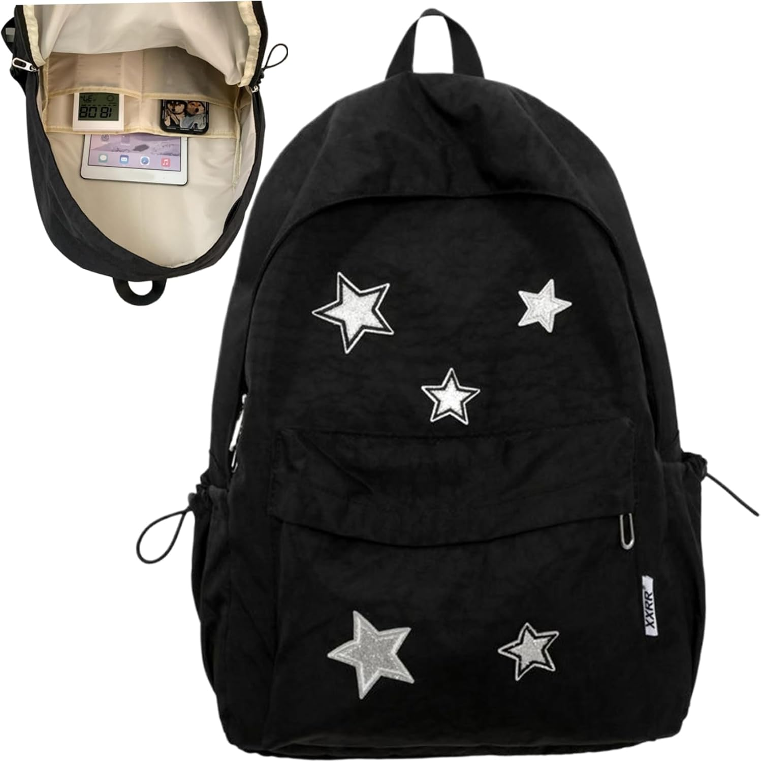 Star Backpack Y2K Backpack Large Capacity Star Canvas School with Smooth Zipper & Front Pocket Book Bags Black Laptop image number 4