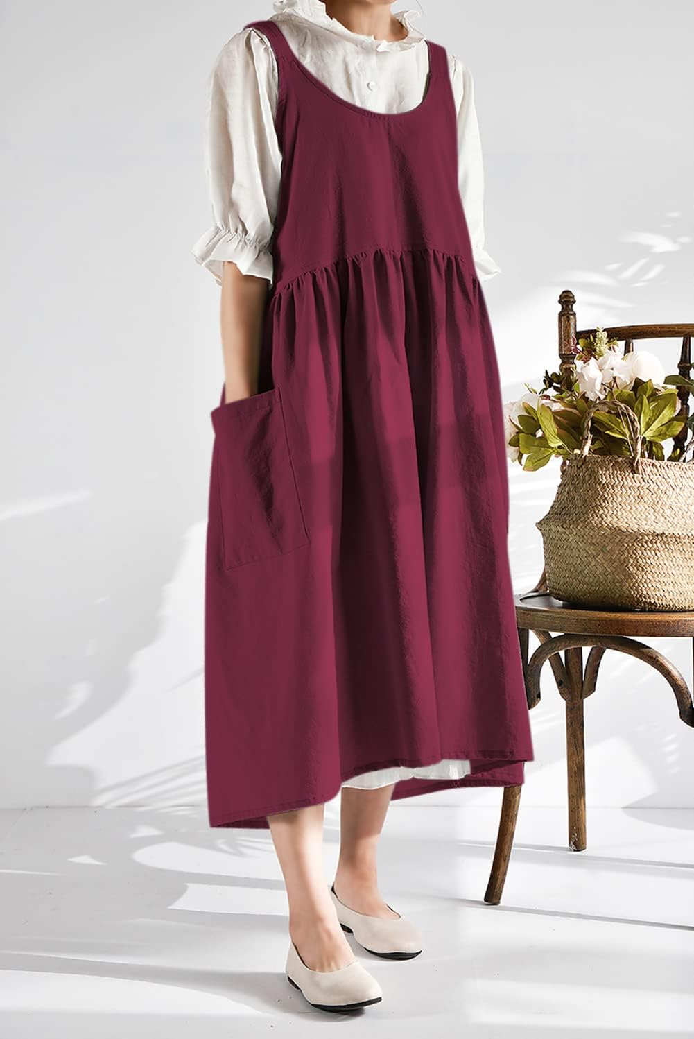 NEWGEM Cotton Linen Cross Back Apron for Women with Pockets Cute Japanese Korean Style Pinafore Dress Purplish Red, 1 Magenta Apron without Waist Ties, One Size image number 1