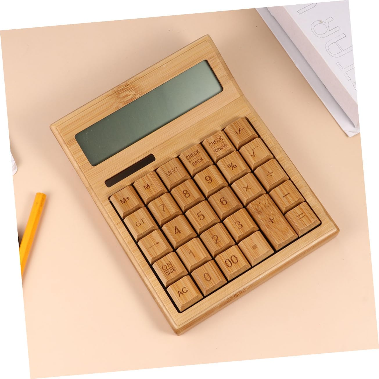 Key Bamboo Solar Calculator for Office Portable Electronic Calculator Buttons for Desk Use and Basic Calculations - Light Brown image number 5