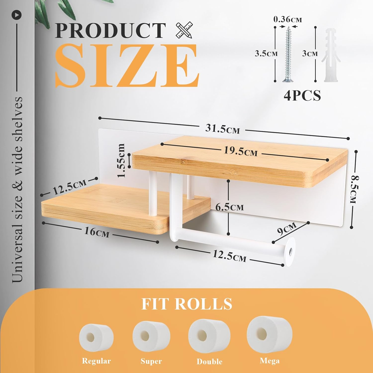 EFUTURETIME Toilet Paper Holder Wall Self-Adhesive with Shelf Bamboo 31.5 X 12.5 X 8.5 Cm Toilet Paper Holder Glue or Drilling Toilet Roll Holder Wood for Bathroom Kitchen Toilets White image number 4