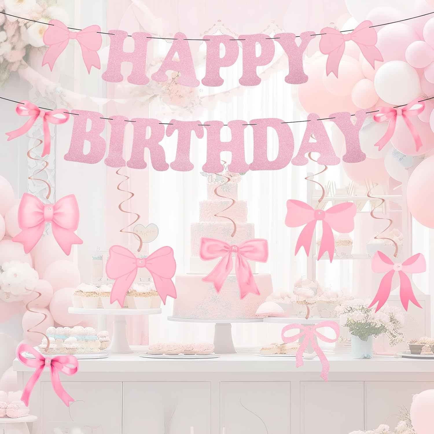 Bow Happy Birthday Banner, Pink Bow Birthday Garland Bow Birthday Banner for Women Girls Birthday Party Decoration image number 6