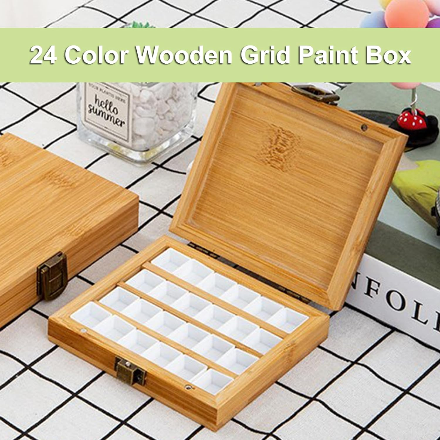 Roseflower Wooden Watercolor Paint Palette Tray, Palette Paint Case with 24Pcs White Washable Half Pans Grids Professional Art Supplies, Acrylic Painting Paint Saver with Lid, 4.5" X 4.1" X 1" image number 5