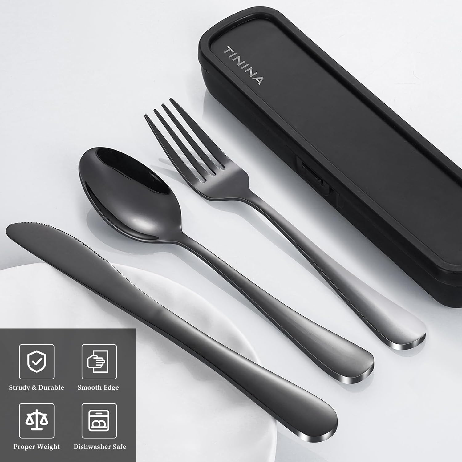 Travel Cutlery Sets with Case, 4-Piece Stainless Steel Portable Utensils, Reinforced Case with Buckle Design, Lunch Box for Camping Work School, Include Fork Spoon Knife, Dishwasher Safe, Black - Silver image number 4