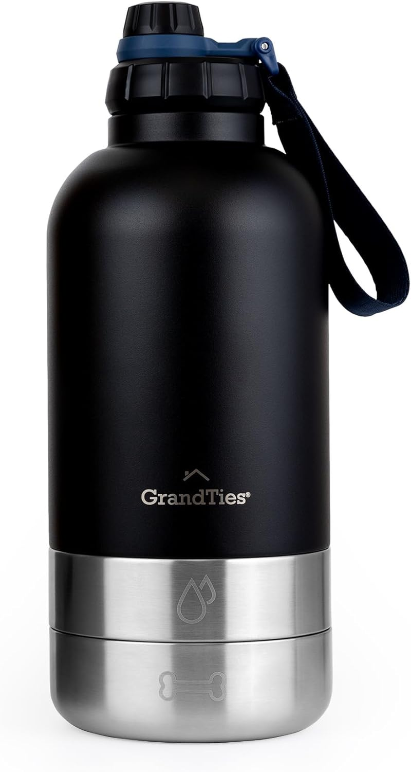 Grandties Insulated Portable Water Bottle with 2 Detachable Dog Bowls, Leak-Proof Pet Water Food Feeder Dispenser, Pet Travel Outdoor Accessory Stainless Steel Storage Container - Blue, 64Oz (1890Ml)