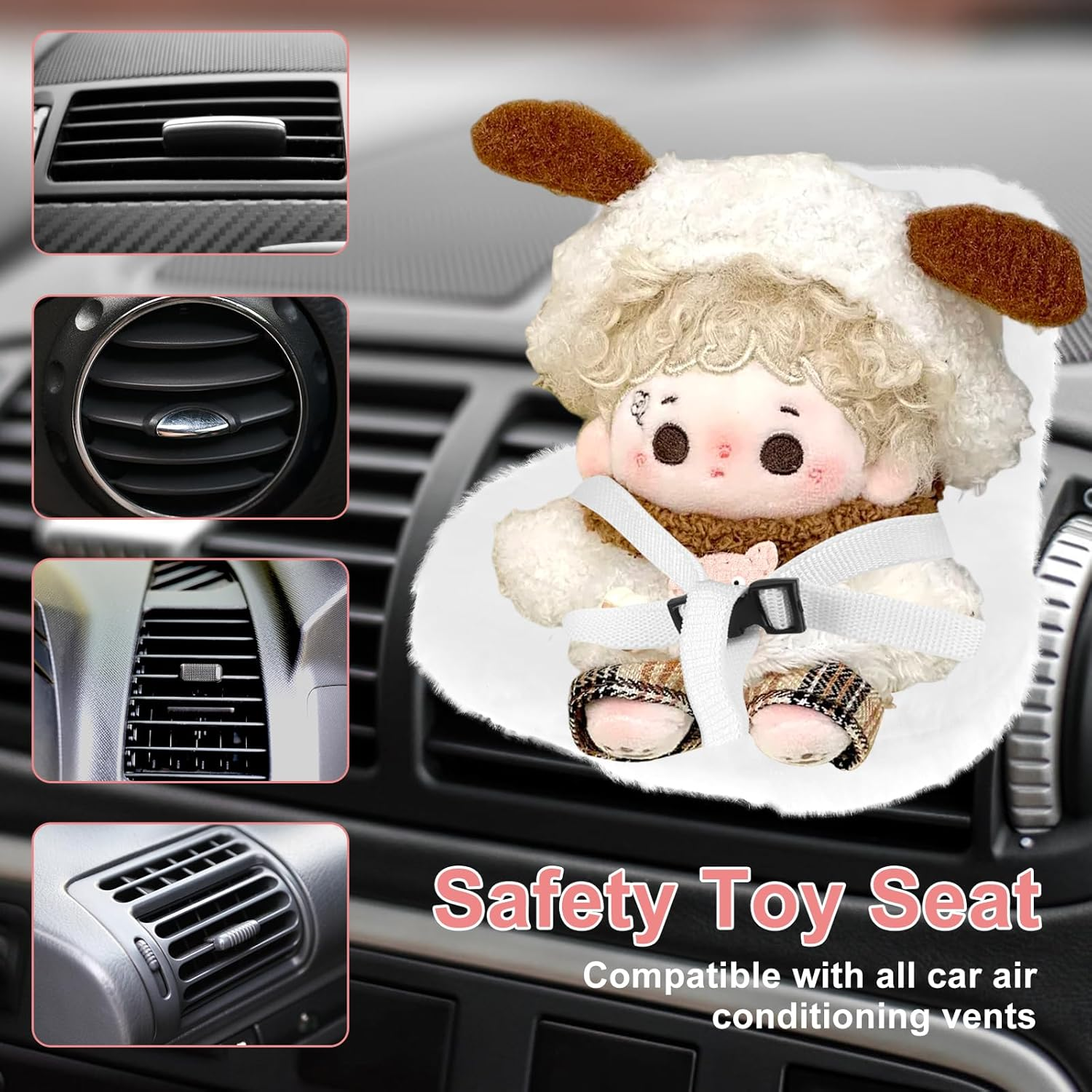 Car Seat for Dolls with Soft Furry Cushion, Car Ornament for Accessories Suit, Decorative Car Sofa Seat, Cute Air Vent Decor to Display Doll Toy for Fans and Collectors (White) - White image number 3