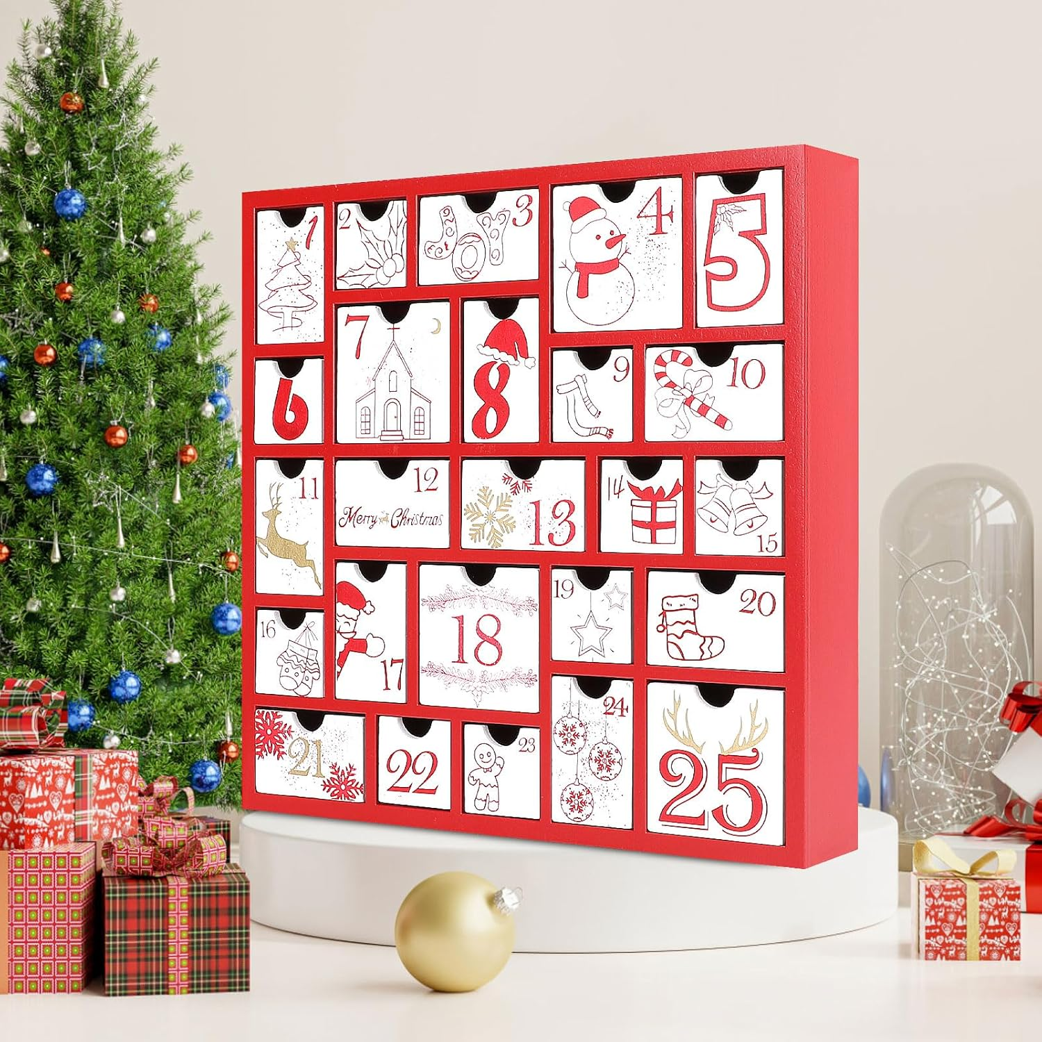 CCINEE Christmas Wooden Advent Calendar with 25 Large Drawers, Countdown to Christmas Decoration Large Size Xmas Countdown Calendar 2024 Hand Painted Refillable Advent for Holiday Decoration(Red) image number 2