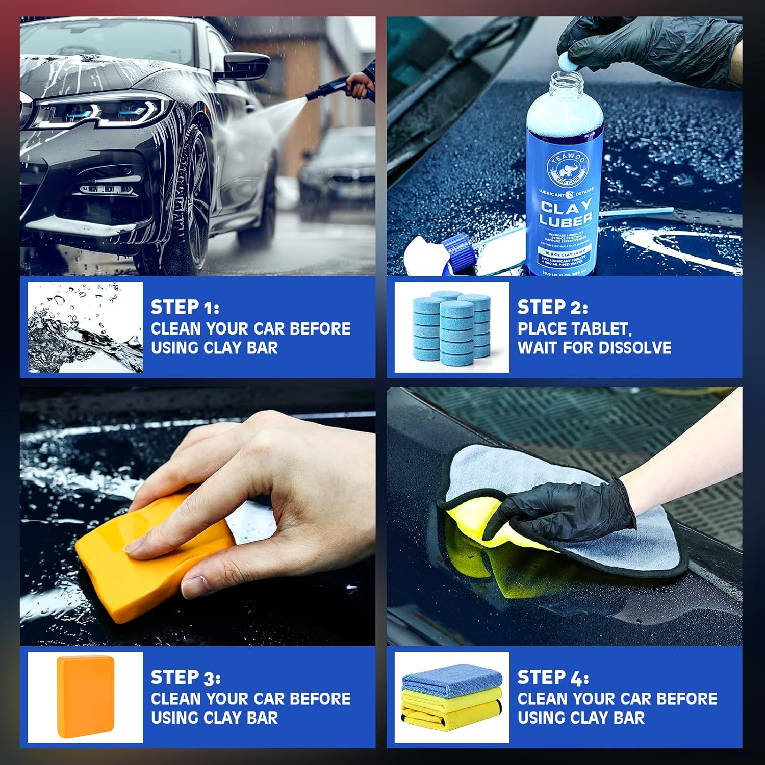 TEAWOO Car Clay Bars Kit, 6 Clay Bars & 20 PCS Lubricant Tablets, Complete Car Detailing Kit, Spray Bottle, Disposable Gloves and Microfiber Towels for Car Detailing Cleaning image number 3