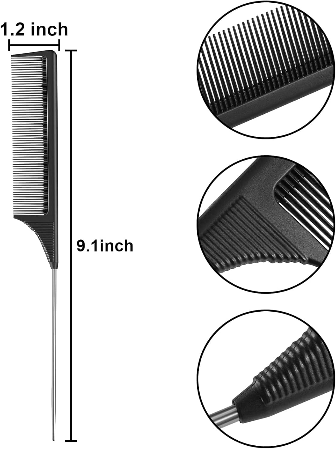 Set of 3 Black Rat Tail Combs - Heat Resistant Carbon Fiber Teasing Combs with Stainless Steel Pintail image number 3