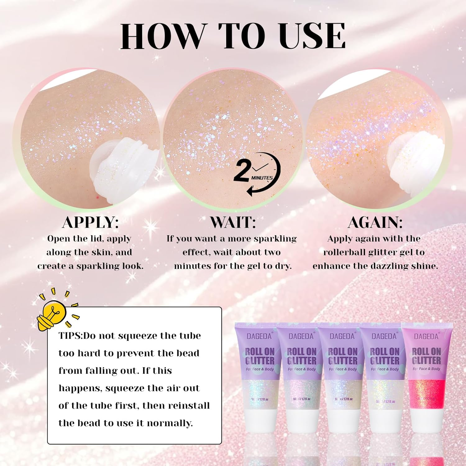 DAGEDA 50Ml Roll-On Body Glitter,Holographic Eye Face Hair Glitter Gel for Festival Outfit Mermaid Accessories,Chameleon Color Body Shimmer Makeup Rave Outfits Accessories for Women (Dazzle) - Dazzle image number 5