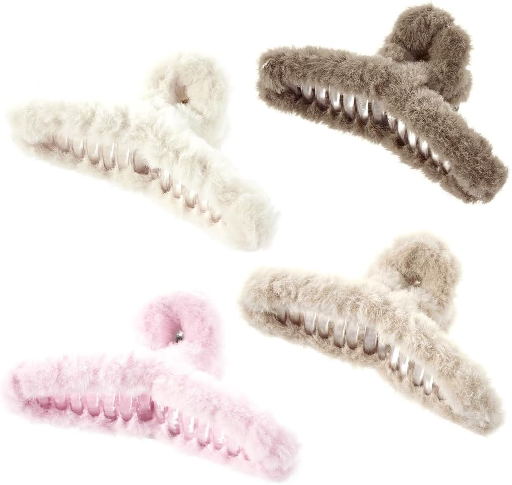 UTSAUTO 4 Pack Fuzzy Hair Claw Clips for Women, Large Non-Slip Strong Large Hair Claw Clips for Women Thick Hair,(Pink+Brown+White+Khaki) image number 6