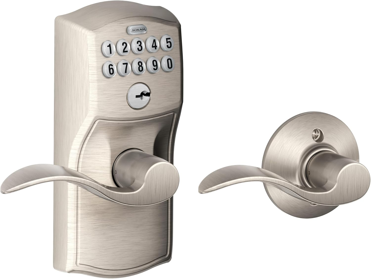 Schlage FE575 CAM 619 Acc Camelot Keypad Entry with Auto-Lock and Accent Levers, Satin Nickel image number 7