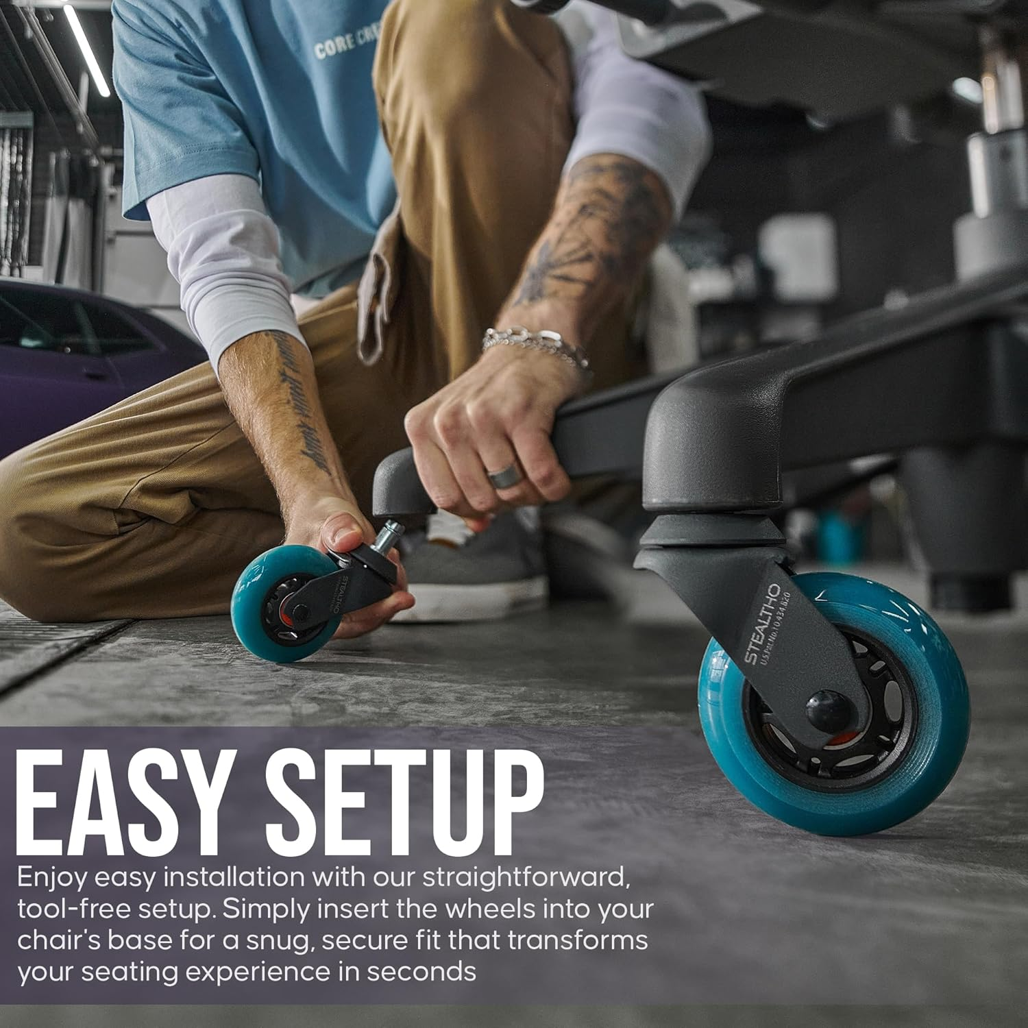 STEALTHO Replacement Office Chair Caster Wheels Set of 5 - Protect Your Floor - Quick & Quiet Rolling over the Cables - No More Chair Mat Needed - Blue Polyurethane - Universal Stem 7/16 Inch image number 6