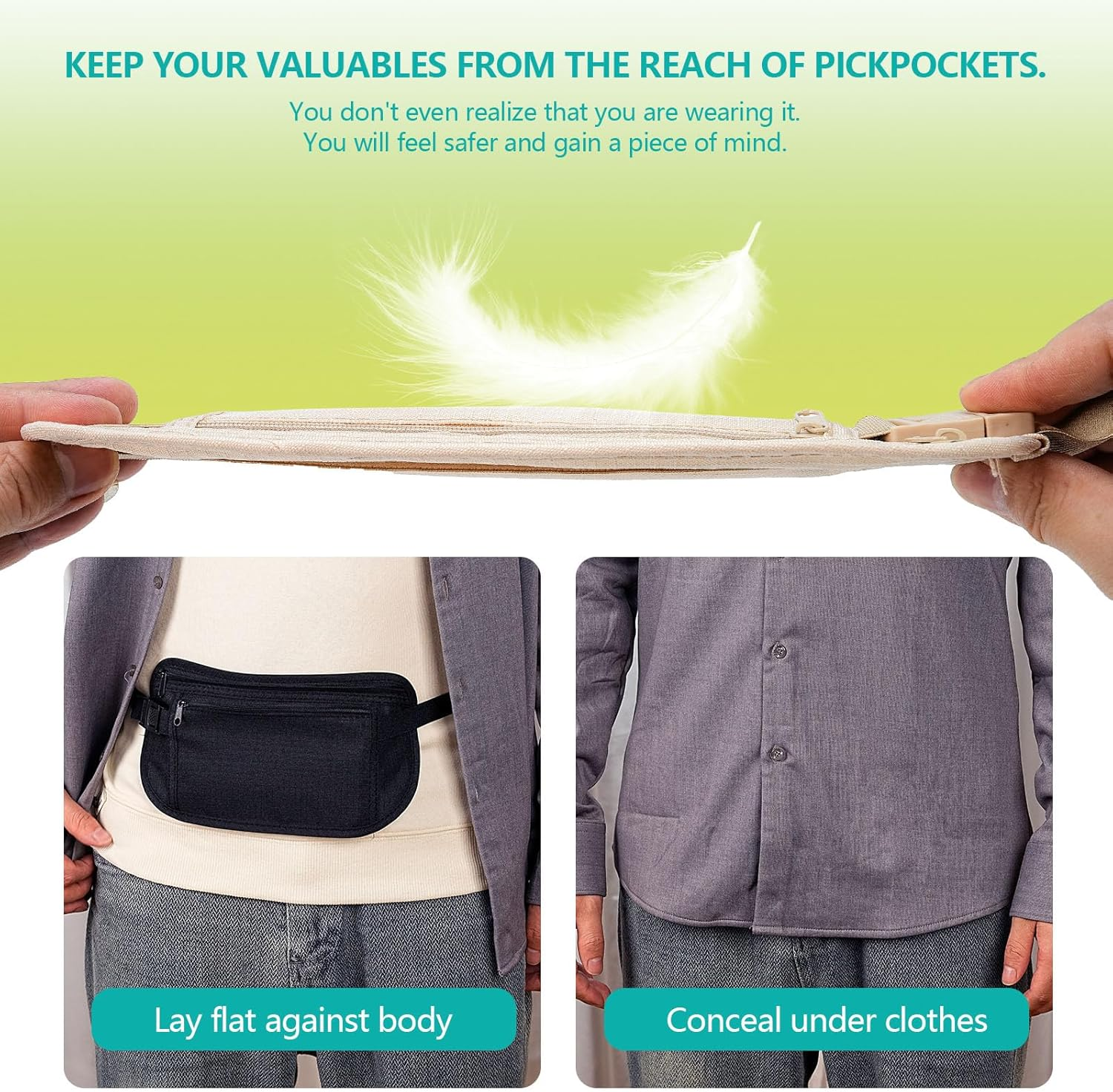 Money Belt for Travel - 2 Pcs Waist Wallet and Hidden Pouch, Passport Holder under Clothes for Women image number 1