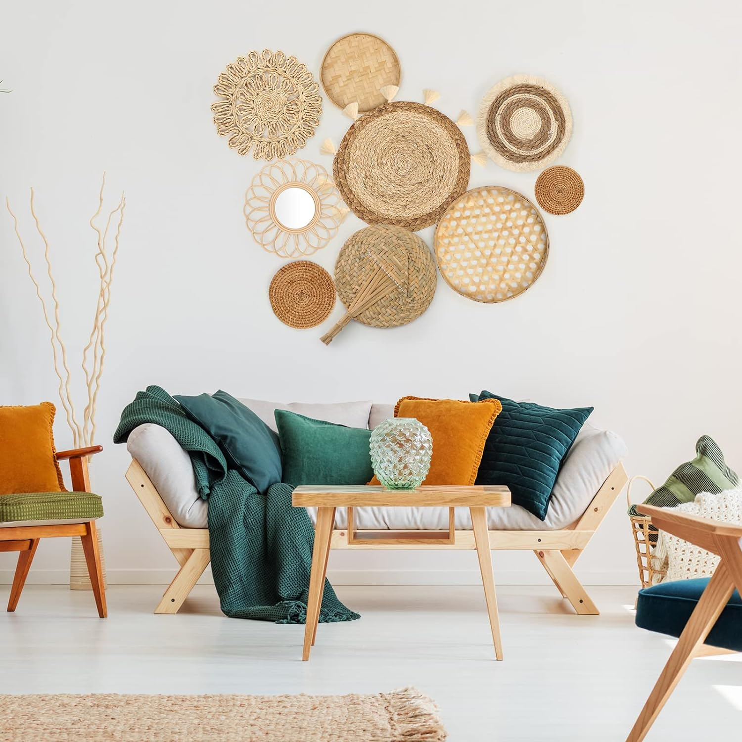 Unittype Set of 9 Wall Basket Decor Boho Hanging Rattan Wall Decor Flat round Wicker Mirror Woven Macrame Tassels Tapestry Bamboo Basket Handmade Serving Tray Art for Room Bedroom Living Room image number 2