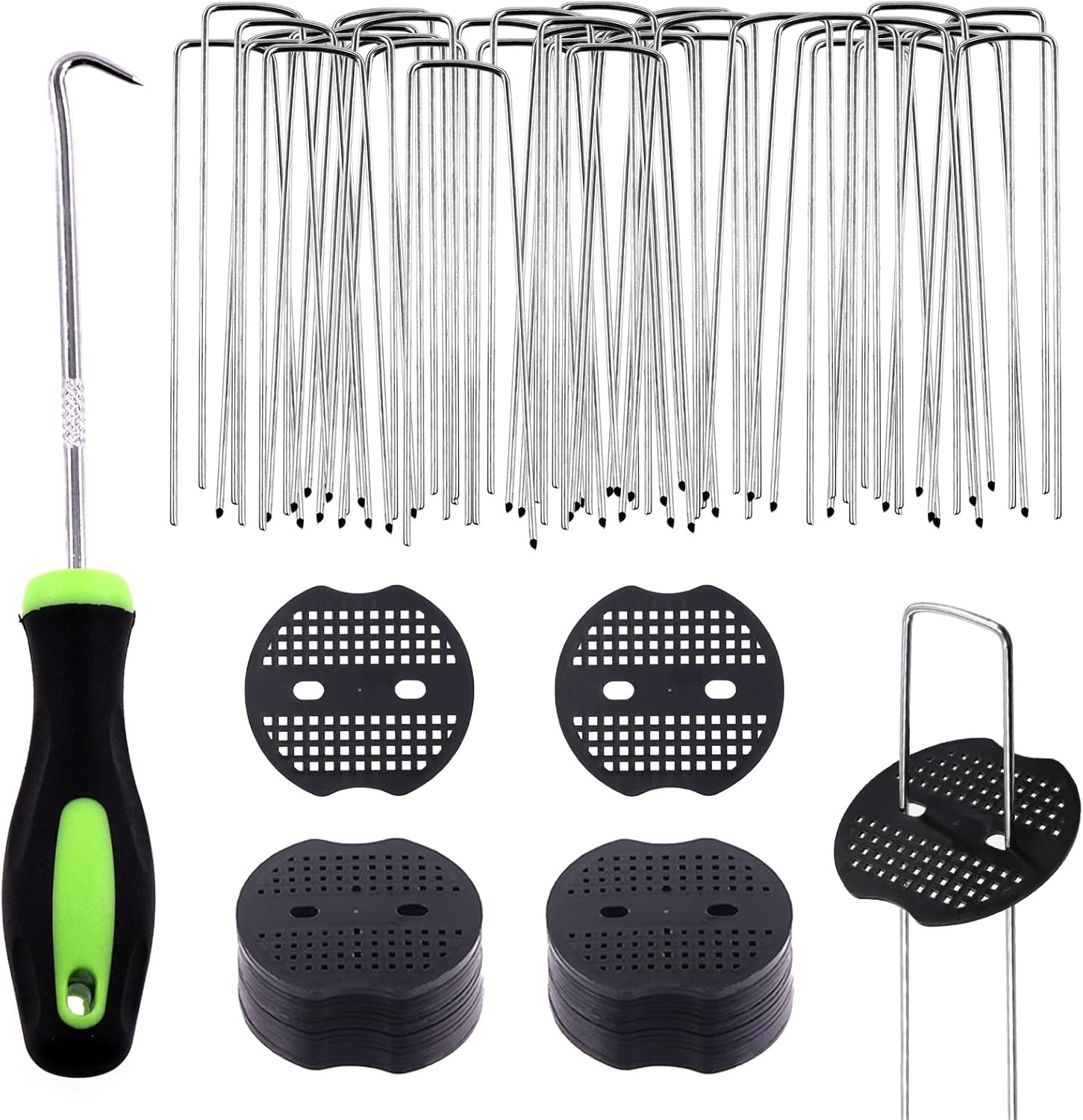 Swpeet 101Pcs U-Shaped Landscape Garden Stakes Staples and Plastic Fixing Gasket with Pick Hook Assortment Kit, Garden Lawn Landscape Staples for Irrigation Hoses, Fixed Fences, Artificial Turf Nails image number 3