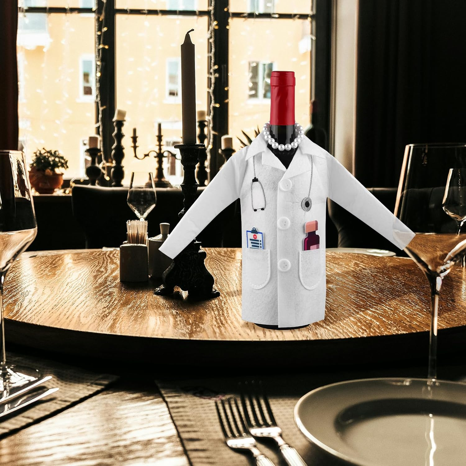 White Coat Wine Bag, Felt Nurse White Jacket Wine Bottle Cover with Syringe Chain Thermometer Funny Wine Packing Clothing Cover Nurse Practice Gifts for Men Women Graduation, Bronze