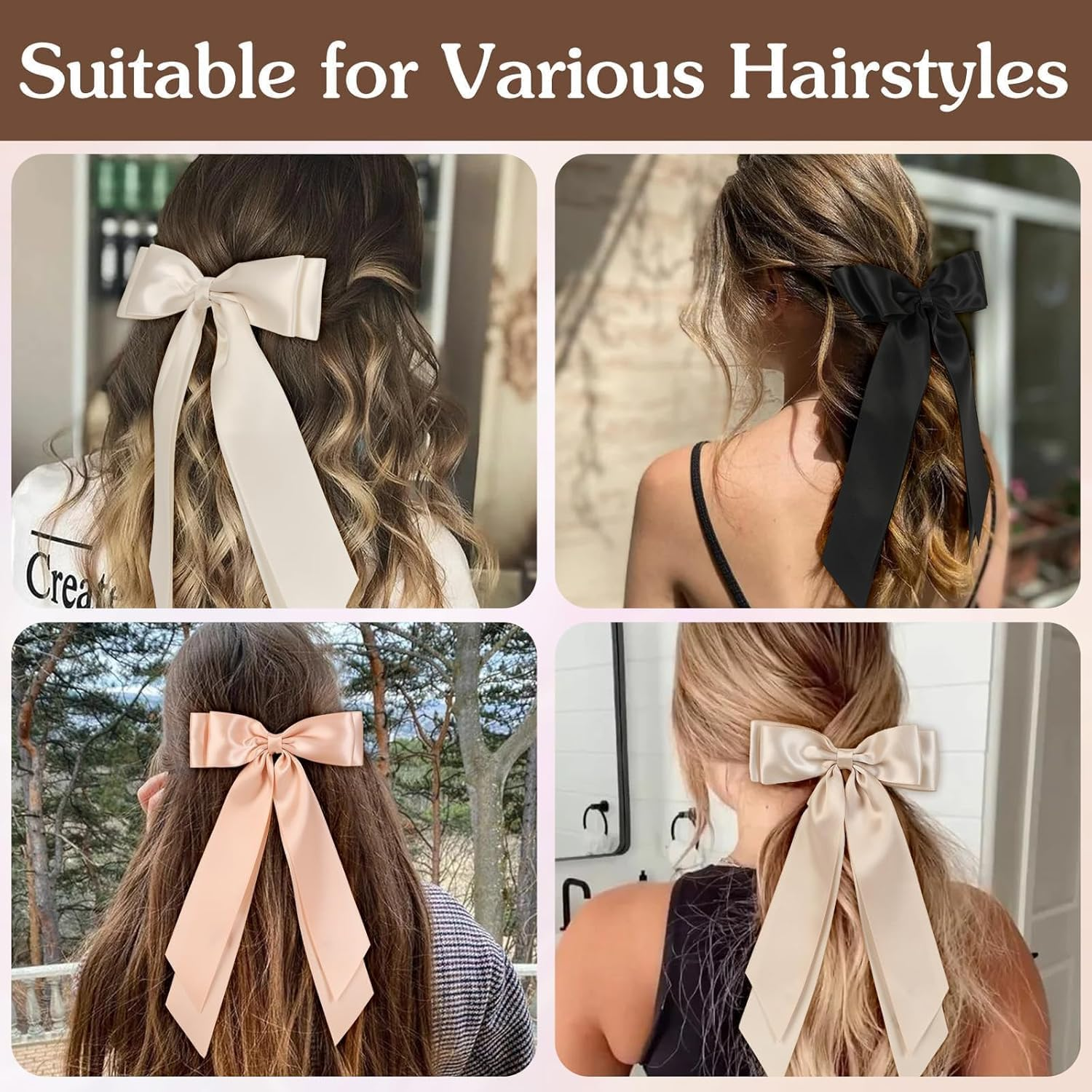 Silky Satin Hair Bow Clips for Women, 6Pcs Large Satin Bow Hair Slide Clips, Long Silky Satining Big Bow Hair Clip, Big Bow Hair Clips Solid Color image number 1