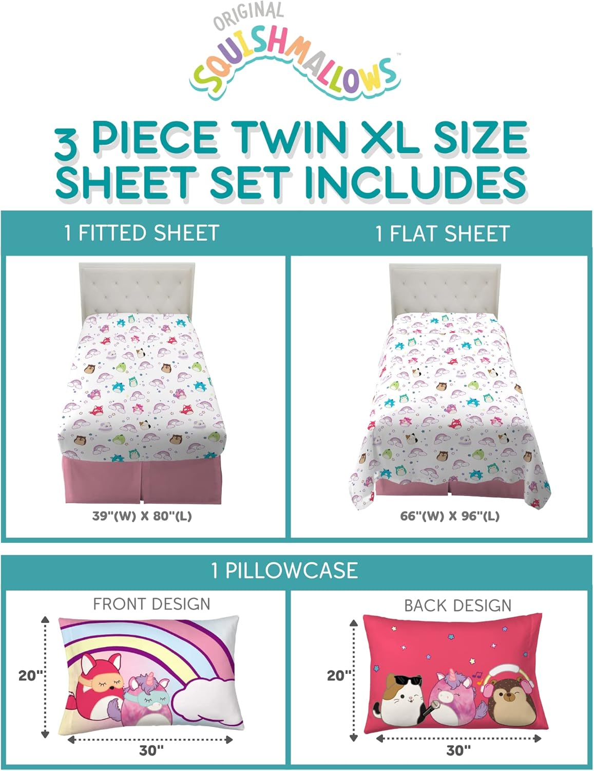 Franco Jazwares Squishmallows Bedding Super Soft Microfiber Sheet Set, Twin XL, By image number 2