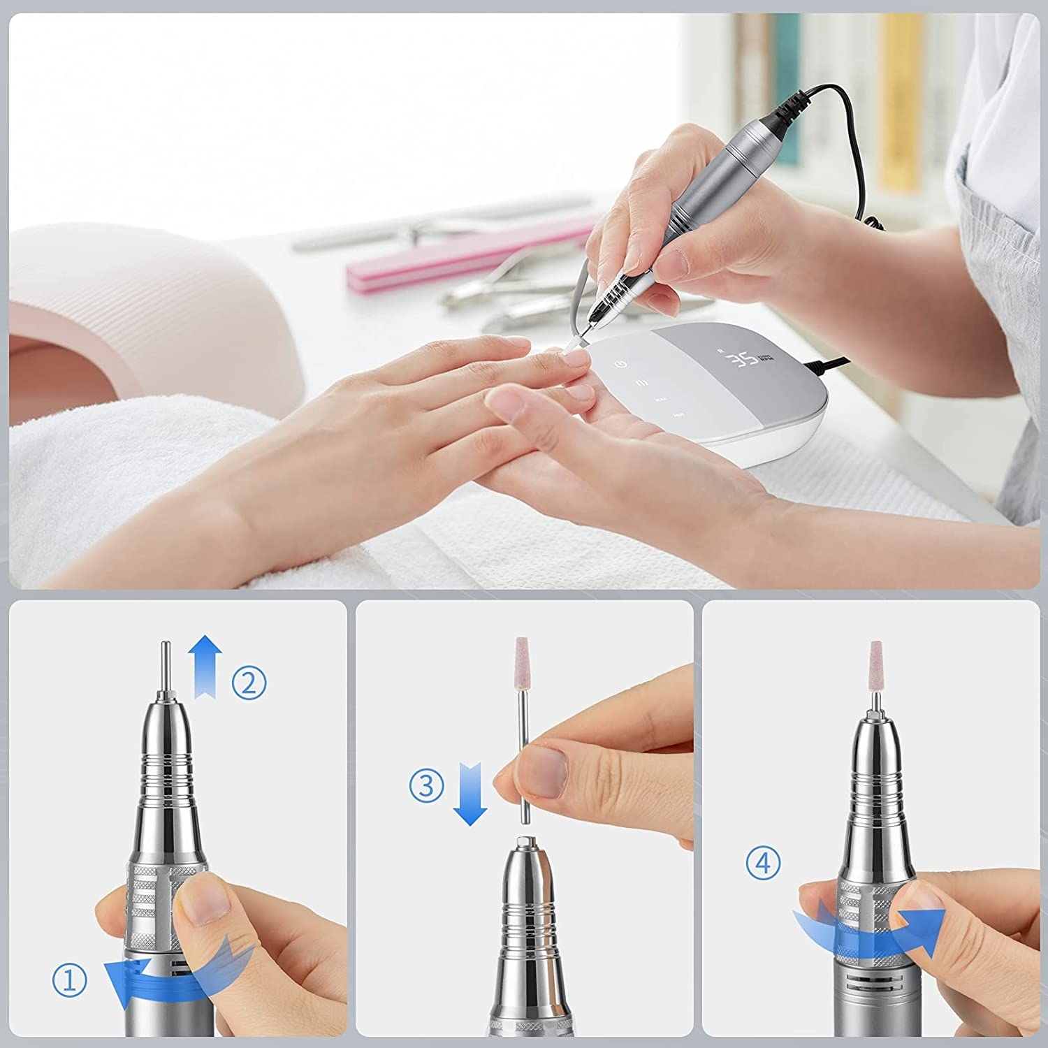 Professional Nail Drill Machine, Madenia Electric Nail File for Acrylic Gel Nails, with Touch-Sensitive Control and LCD Screen, 35000RPM (JMD-108 Gray) - Jmd-108 Blue image number 4