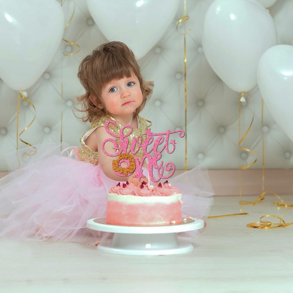 Confetti! Sweet Donut One Cake Topper | Candyland Sweet One | First Birthday Party Supplies | Baby Shower Decor，Donut 1St Themed Baby Shower Birthday Party Cake Supplies (Pink Glitter) image number 3