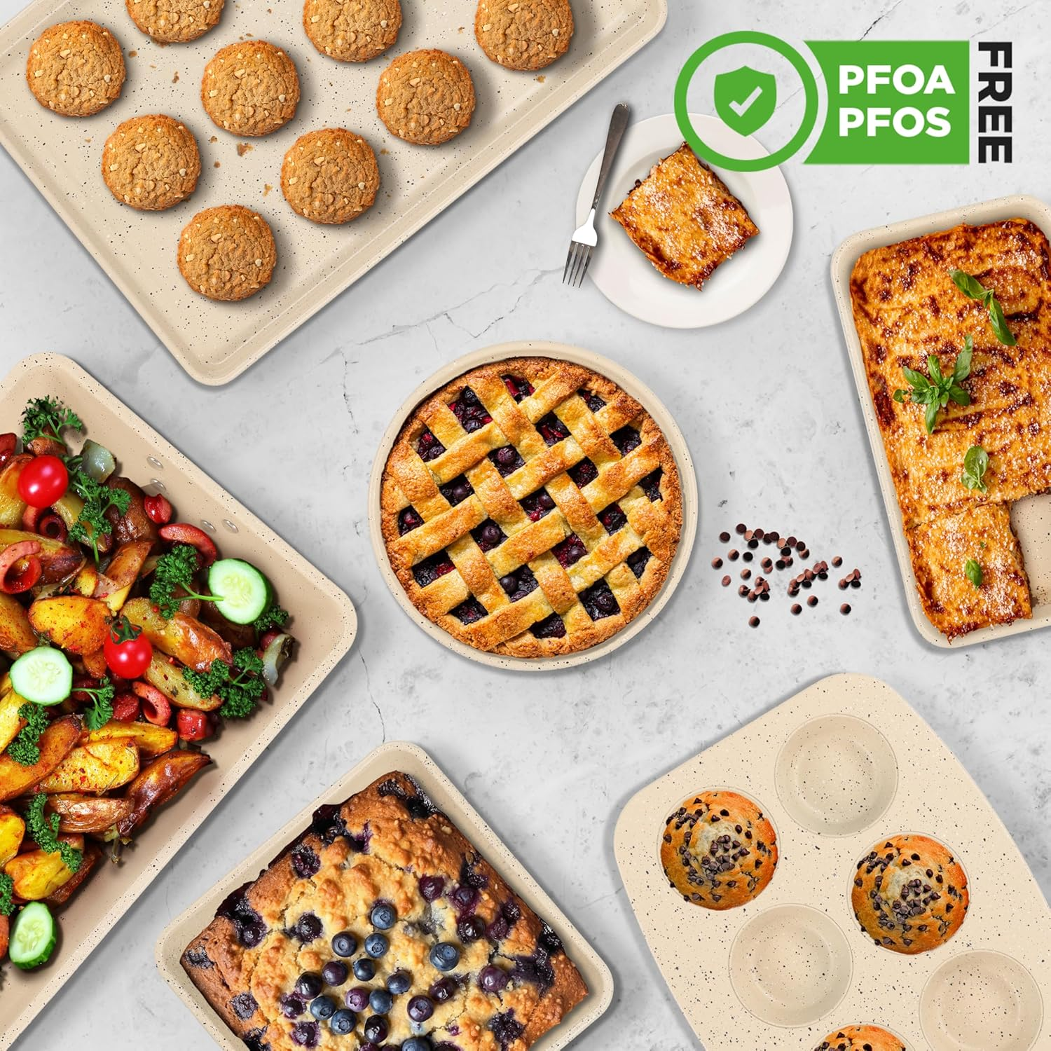 Nutrichef 8-Piece Stackable Bakeware Set, Carbon Steel Non-Stick Baking Pan Set, Includes Sheet, Muffin, Round, Loaf, Square Cake & Deep Pans, PFOA & PFOS Free, Oven Safe to 232&deg; F (Marble Cream) - Black Marble image number 4