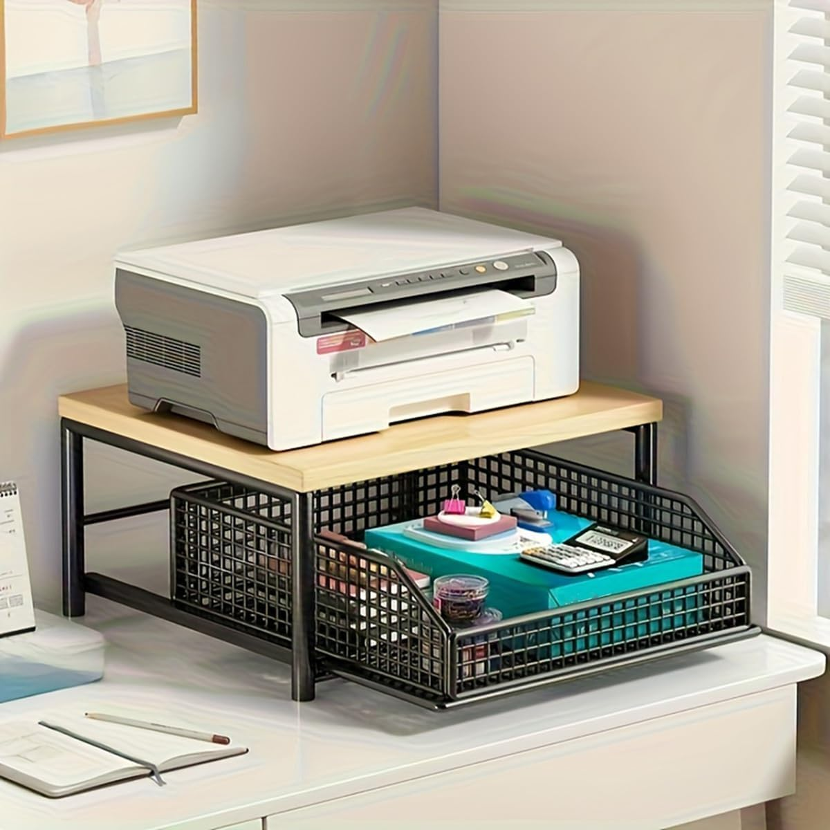 Jindanju Sturdy Hardwood Shelf for Coffee Maker-Space-Saving Kitchen Countertop Organizer with Drawer& Wire Basket Black image number 6