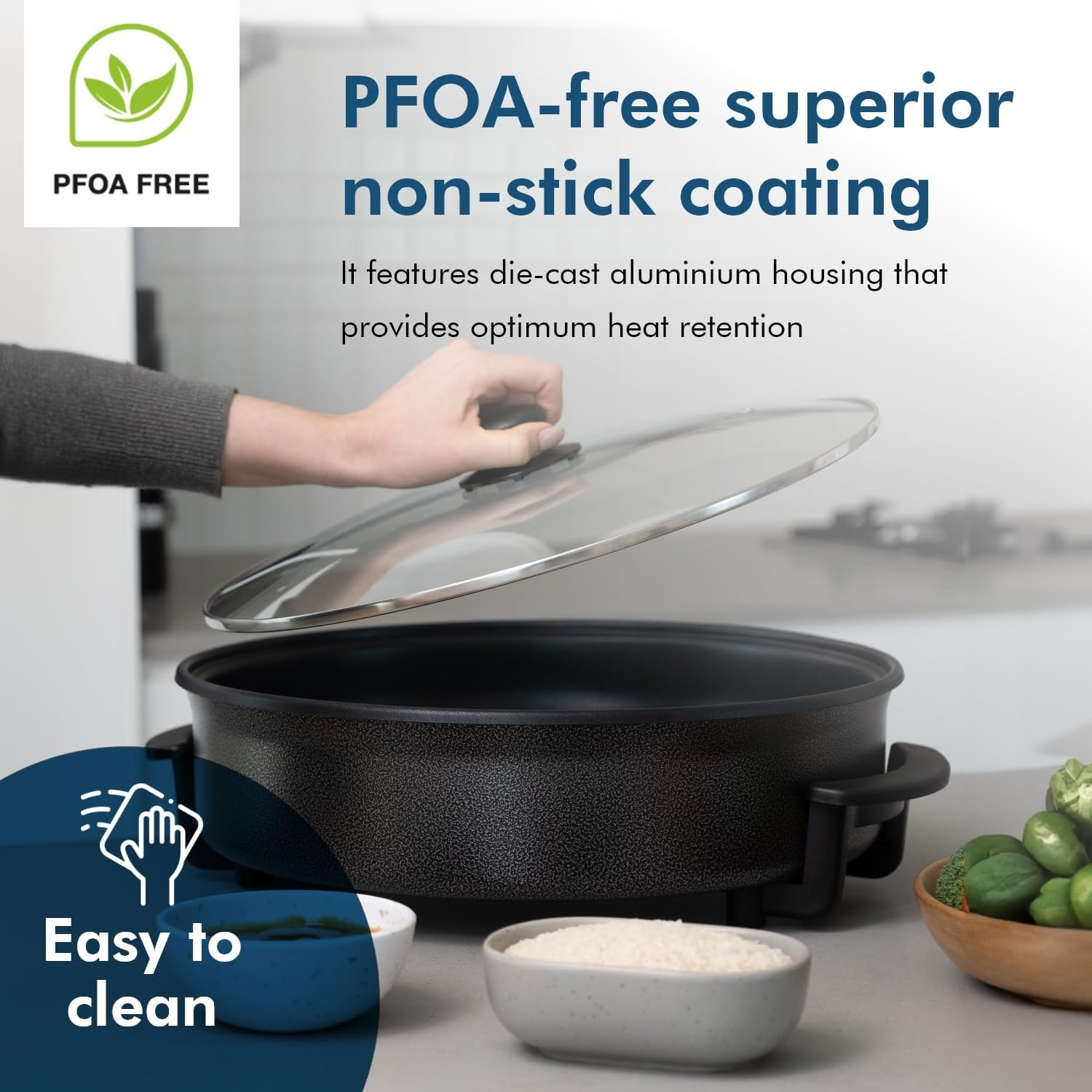 Healthy Choice 38CM Electric Kitchen Skillet with Nonstick Coated Grill Pan & Glass Lid Cover, Indoor Countertop Cooking Pan with Temperature Control & Handle Compact Easy Clean image number 4