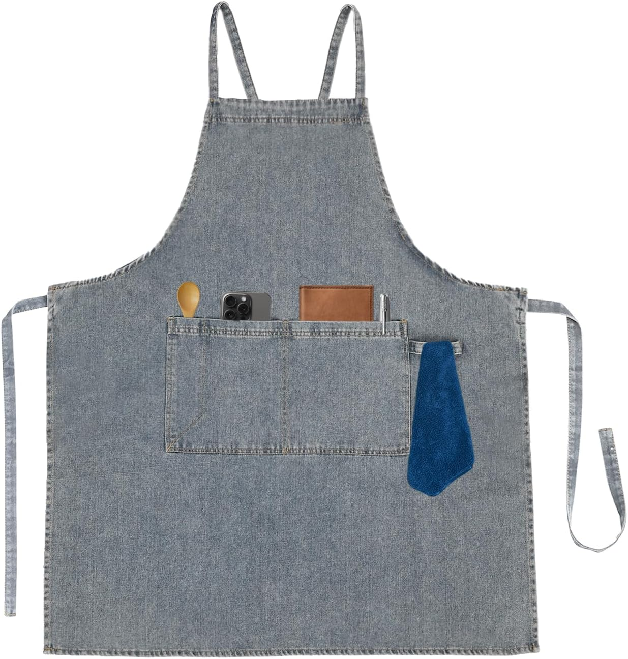 Surblue Cotton Denim Apron with Pockets Adjustable Jean Apron for Man Woman for Kitchen, BBQ, Garden, Workshop