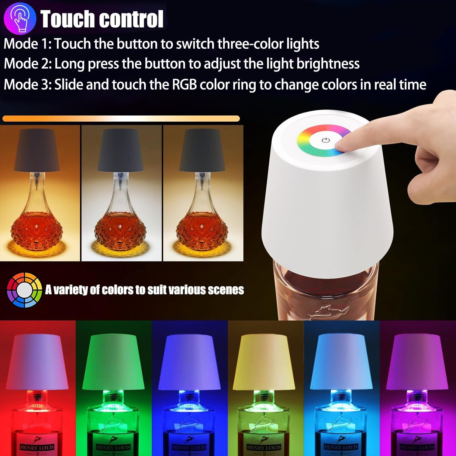 Wireless Bottle Lamp 2000Mah, RGB Mode & 3 Color Stepless Dimming Touch Table Lamp, Rechargeable Atmosphere Lamp for Bars, Cafes, Restaurants, Bedrooms, Outdoor Environments (White, 1Pcs) image number 3