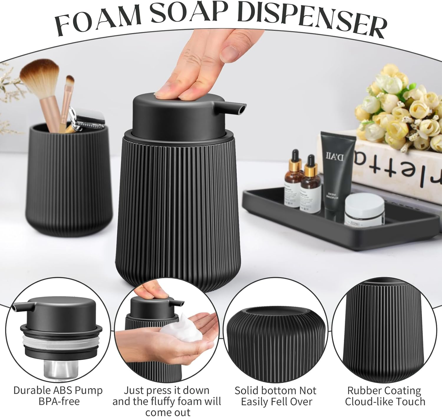 Black Bathroom Accessories Set - 3Pcs Bathroom Accessory Sets with Toothbrush Holder,Lotion Soap Dispenser,Qtip Holder Dispensr & Vanity Tray,Bathroom Countertop Vanity Oganizer - Matte Black image number 1