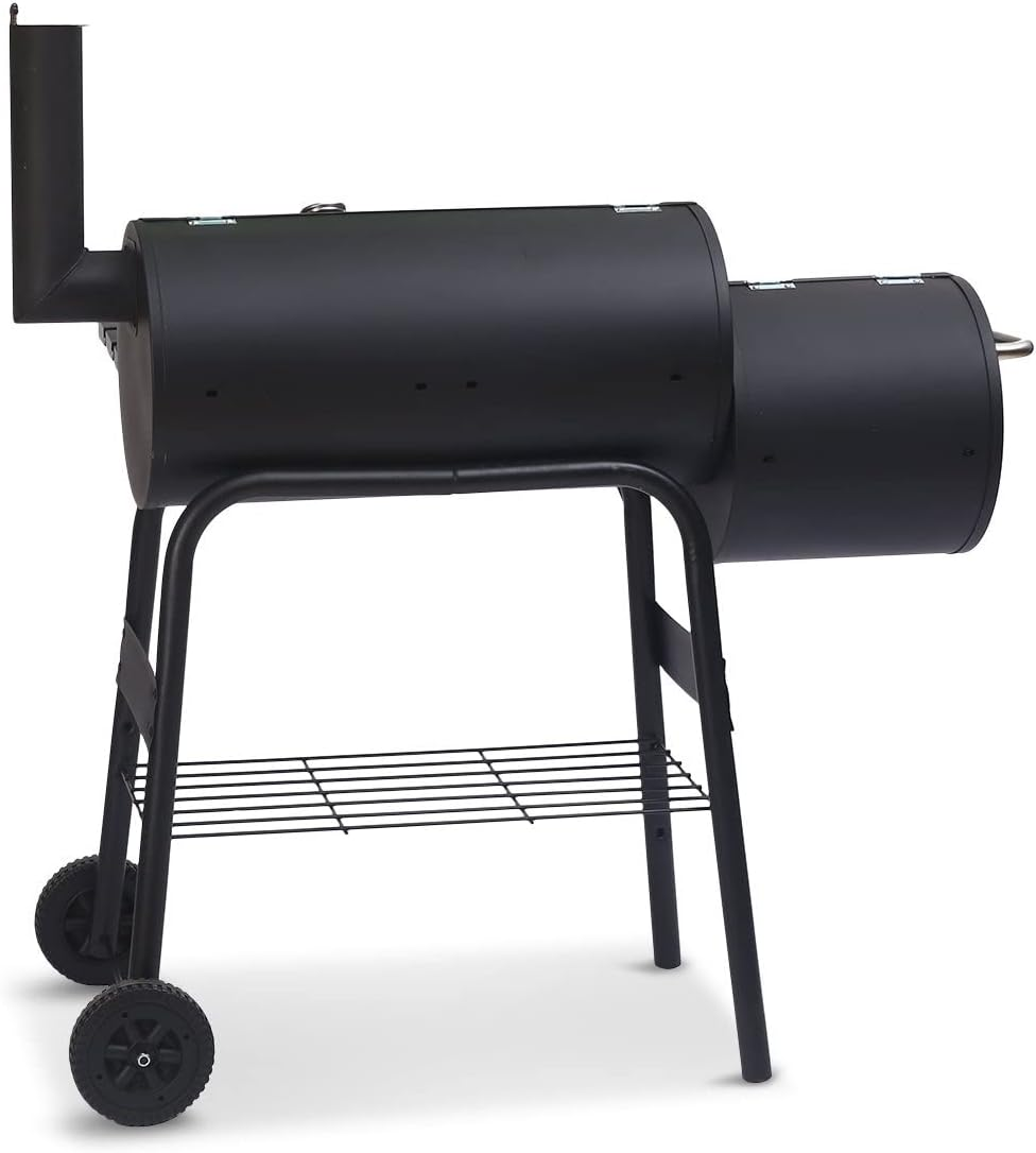 Wallaroo 2-In-1 Portable Barbecue Grill & Offset Smoker with Thermometer & Work Shelf - Heavy-Duty Outdoor BBQ Smoker with Wheels & Charcoal Storage Rack for Camping Hiking Parties & Picnics