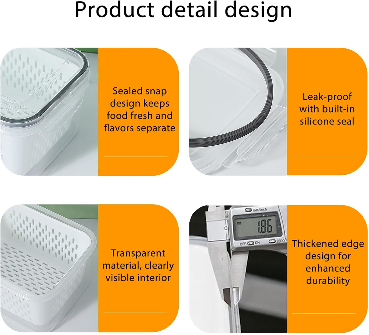 3 Pack Food Containers, Large Capacity Bpa-Free Plastic Box with Lid and Strainer for Fruits and Vegetables, Stackable Fresh Food Storage Containers for Kitchen Storage & Organisation（Grey） image number 1