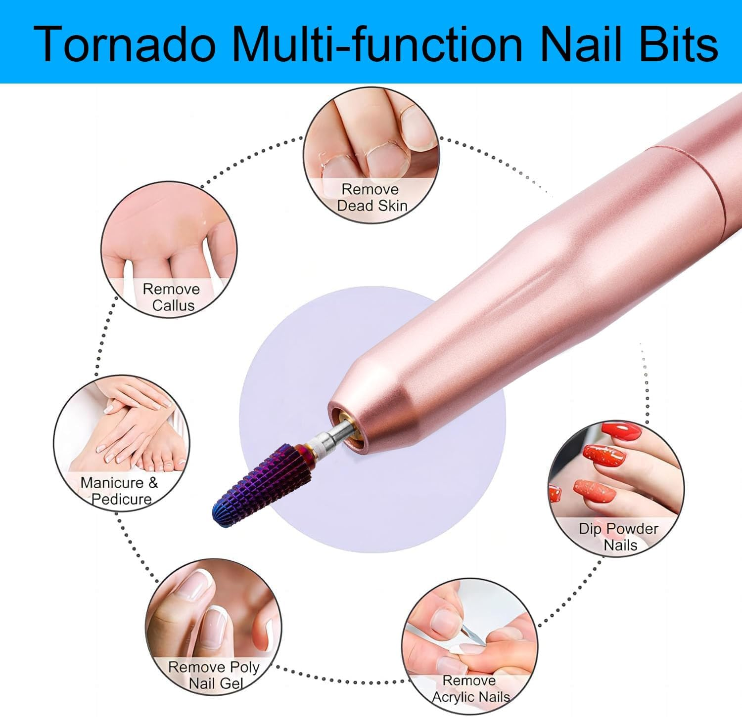 Yakamoz 4Pcs 5 in 1 Nail Drill Bit Set, 3/32" Tungsten Carbide Nail Drill Bits Professional Tornado Multi-Function Bits Two Way Purple Efile Nail Drill Bit for Manicure Pedicure Cuticle Gel Polishing image number 5