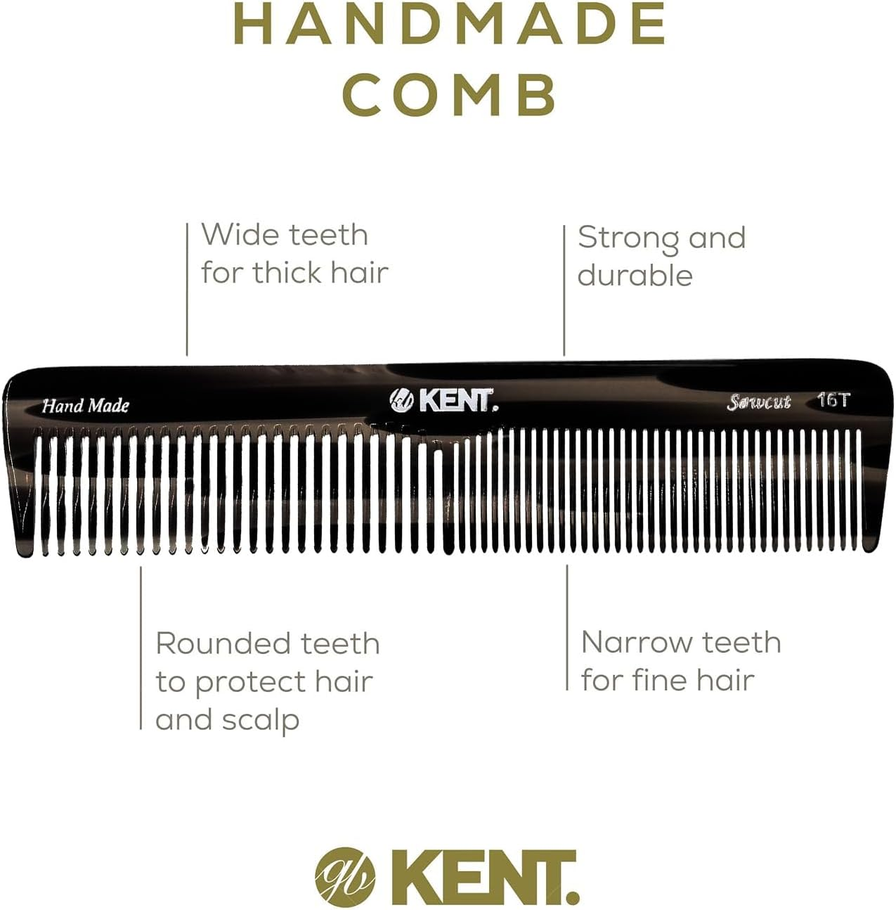 Kent 16T Black Graphite Fine and Wide Tooth for Daily Grooming,Handmade Styling Comb for All Hair Types,Wet or Dry Hair Detangling Comb for Men and Women,Saw Cut Hand Polished,Made in England image number 4