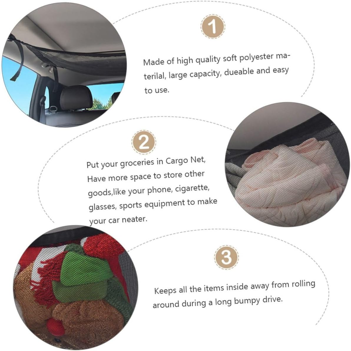 Car Roof Storage Bag Mesh Pouch Adjustable Straps Polyester Hanging Organizer for Car Interior Roof Easy Install Compact Space-Saving Storage image number 6