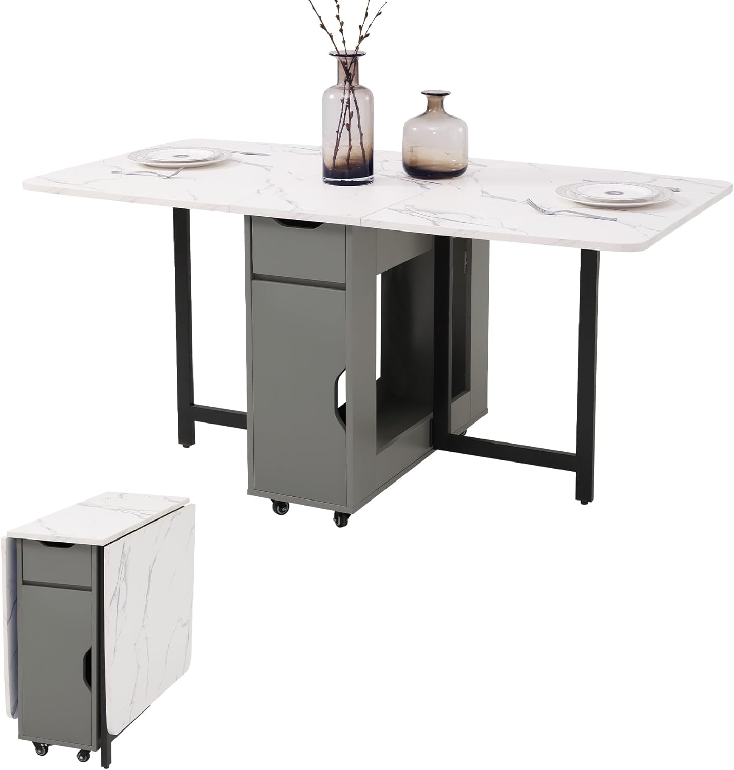 Foldable Dining Table, Space Saving Dining Table Extendable, Folding Dining Table with Storage and Wheels 2-Layers, Versatile Drop Leaf Table Modern for Living Room, Kitchen, RV Campers (Marble Wood)