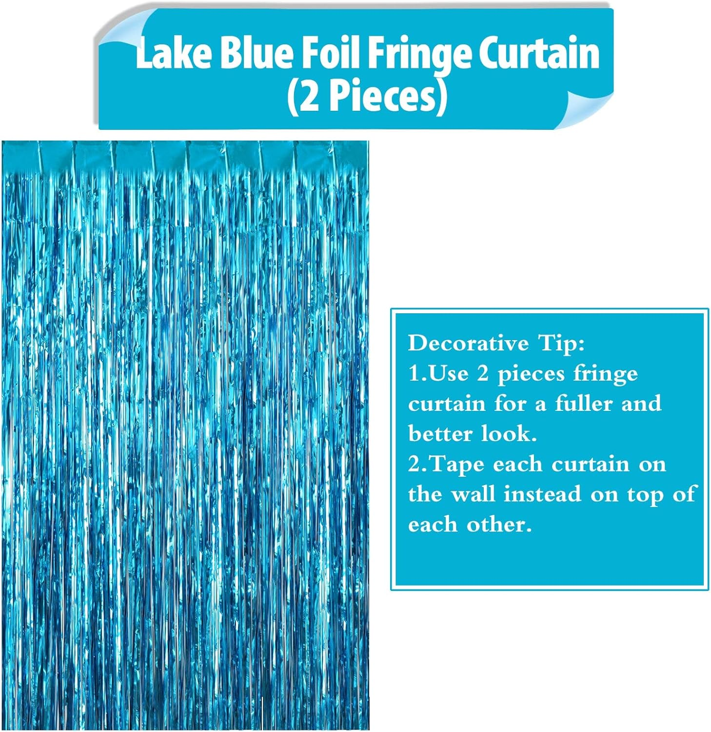 Lake Blue Fringe Curtain Party Decorations 2 Pack, Large Foil Fringe Backdrop Curtains Door Streamers for Birthday Wedding Bridal Shower Holiday Party Decor image number 1