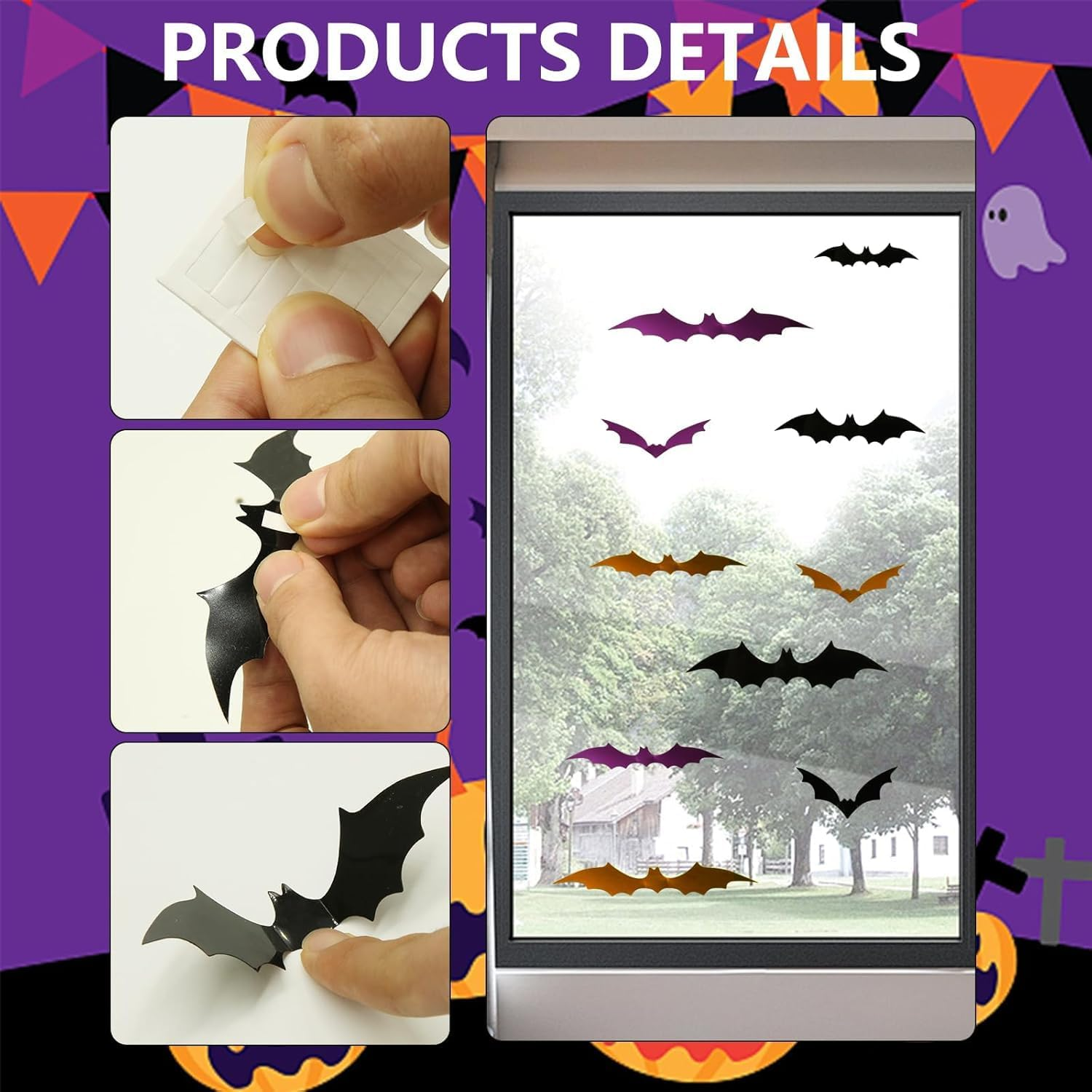 72 Pcs 3D Halloween Bats Wall Decor,Orange Purple Black Bat Decor,Scary Plastic Bat Wall Stickers for Home Windows Indoor Outdoor Porch Kitchen Bathroom Decor image number 3