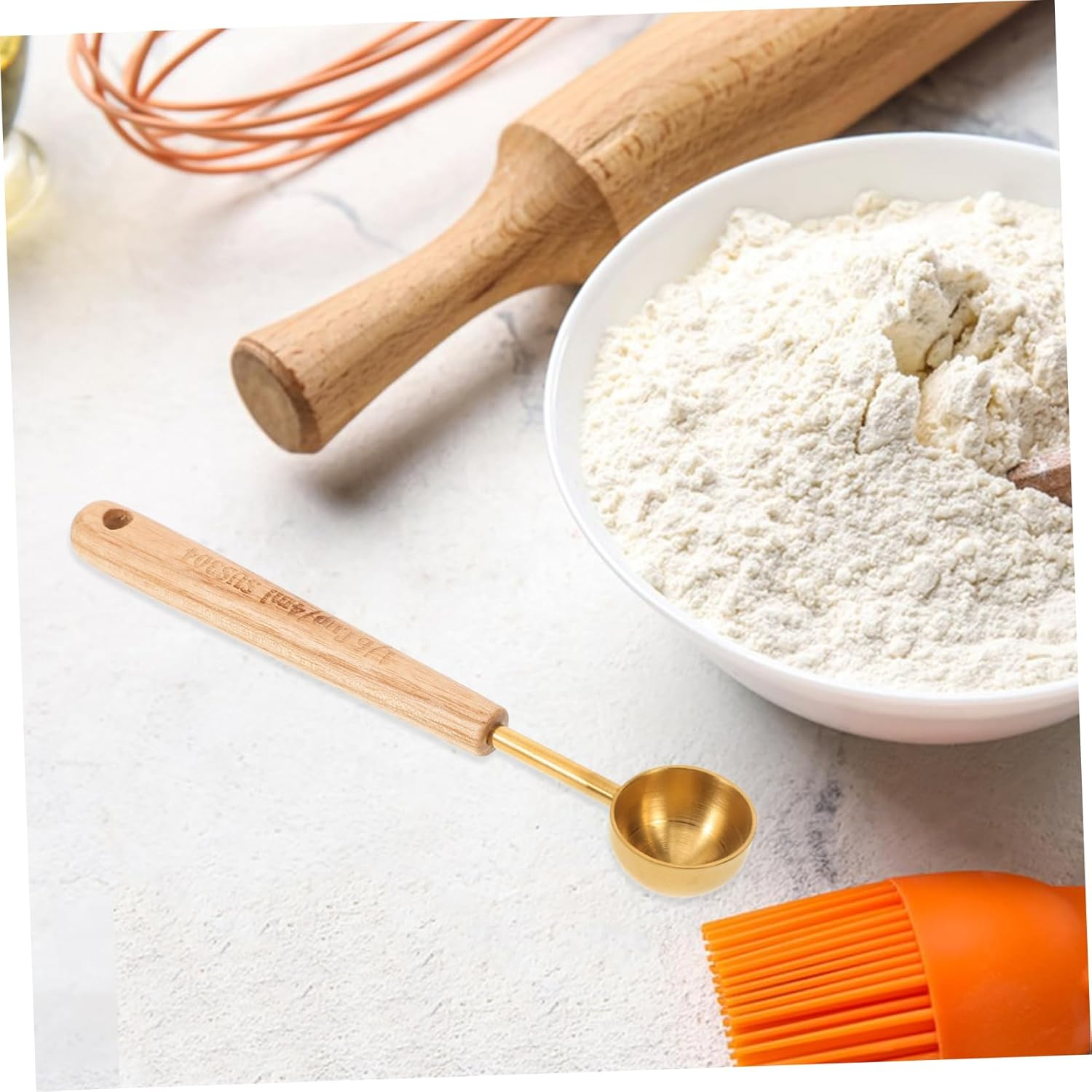 Zerodeko Coffee Milk Powder Measuring Spoon Wood Handle, Gold Matte 1/6 Cup 4Ml Stainless Steel Espresso Teaspoon for Baking and Kitchen Use