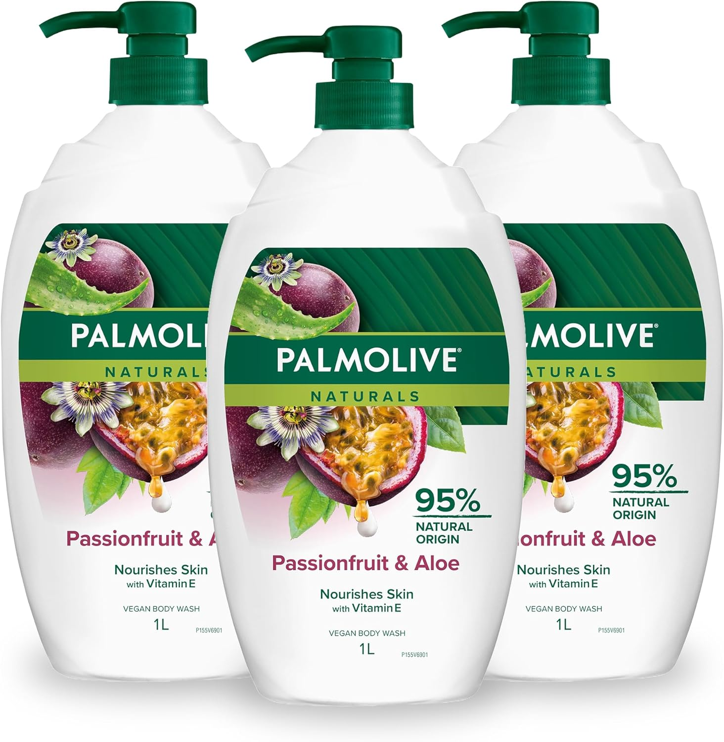 Palmolive Naturals Vegan Body Wash, Passionfruit & Aloe, 3 X 1L Value Pack