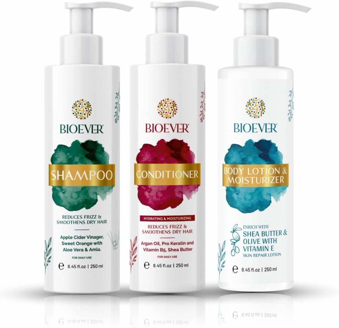 Bioever Apple Cider Vinegar Shampoo & Shea Butter Hair Conditioner & Body Lotion 250Ml + 250Ml + 250Ml Combo Pack of 3 Item Anti-Frizz Action Perfectly for Daily Use Hair Care Product Men and Women