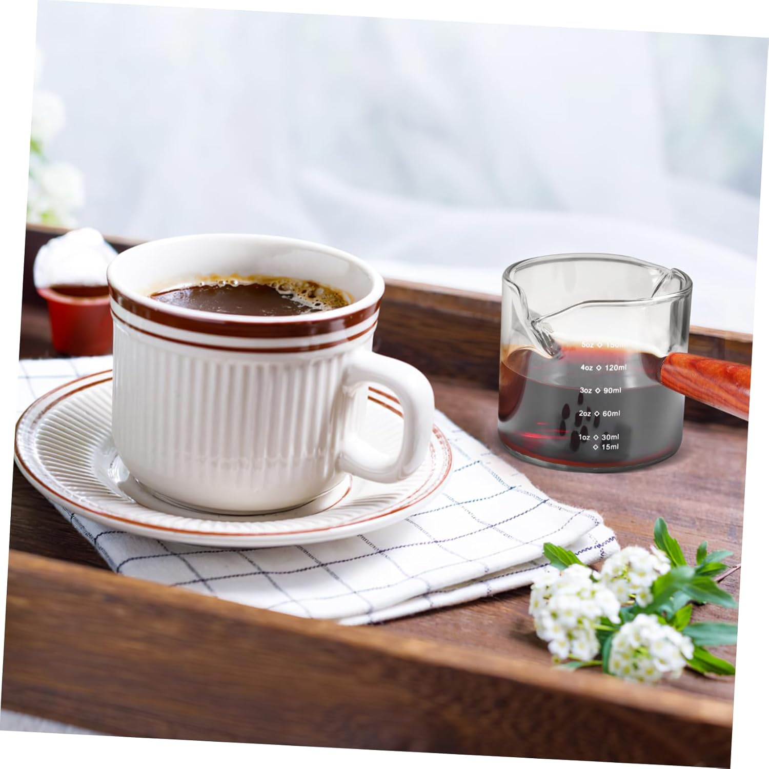 DONFAMDS 2 Pcs Glass Measuring Cups with Wooden Handles Dual Spout Espresso Pitchers for Coffee Creamer Milk Versatile Use for Home Office Coffee Shops image number 1